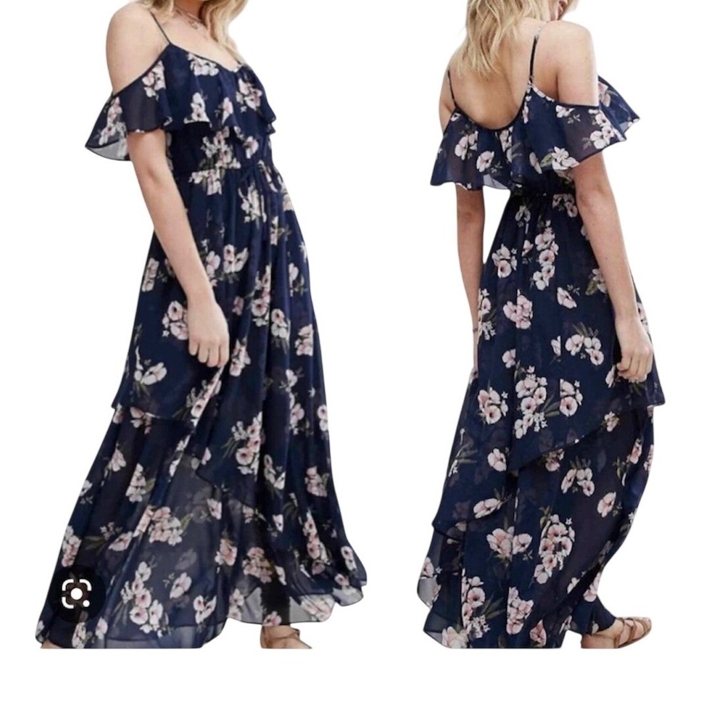 Abercrombie Fitch Women Dress Size Mā Navy Floral Cold Shoulder Ruffle Maxi Wrap